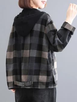 Amax luluE 2025 New Autumn Style Plaid Printed Jackets Hooded Woman Pockets Vintage Clothing Ladies Loose Casual Buttons Coats