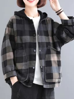 Amax luluE 2025 New Autumn Style Plaid Printed Jackets Hooded Woman Pockets Vintage Clothing Ladies Loose Casual Buttons Coats