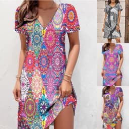 2023 Summer Pullover Short Sleeve Women's New Dress Fashion Plus-Size Dress Casual Loose V-Neck Ladies Summer Print Party Dress