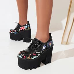 Ultra High Waterproof Platform Wedge Heel Raised Breathable Pumps Embroidered Floral Punk Style Lace Up Polyurethane Sole Pumps