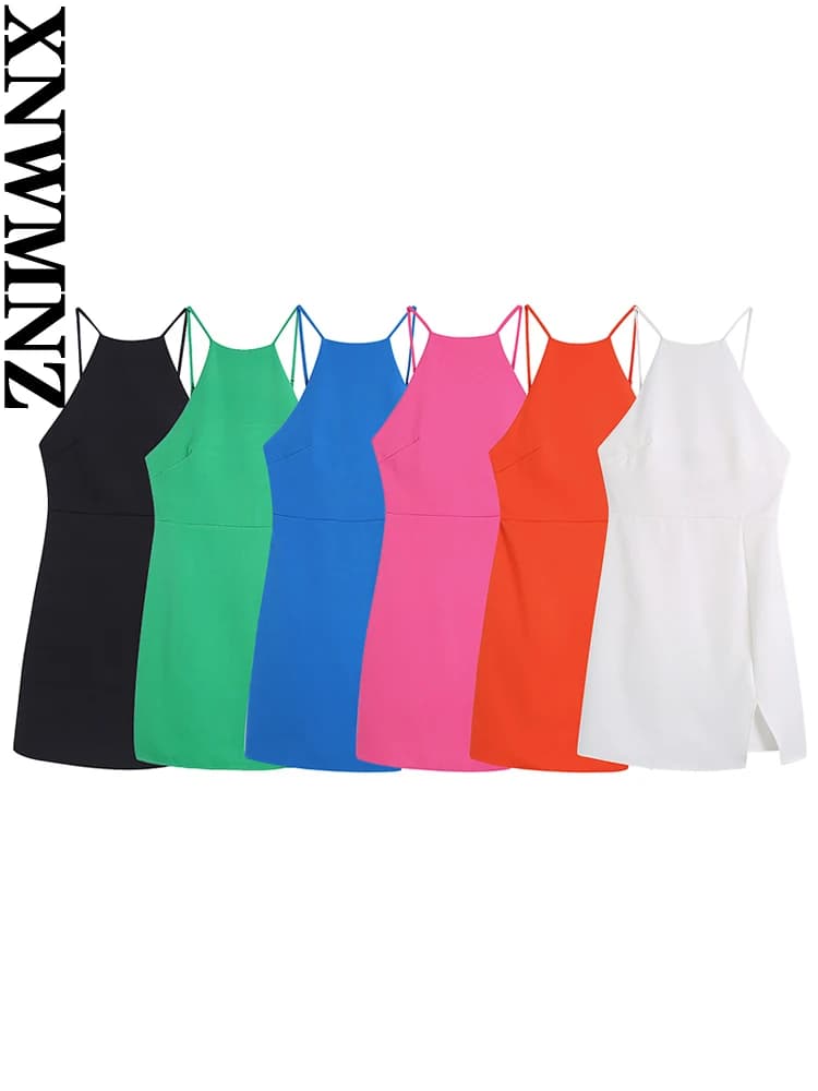 XNWMNZ women's summer solid color short dress strap adjust sleeveless 2022 fashion lady elegant dresses woman backless dress
