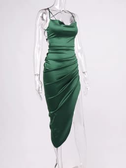 NewAsia Satin Dress Spaghetti Strap Tie up Cowl Neck Backless Split Slim Fit Asymmetrical Maxi Dress Sexy Dresses for Women 2021