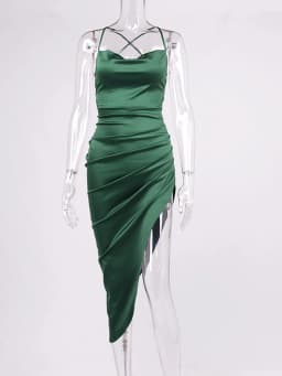 NewAsia Satin Dress Spaghetti Strap Tie up Cowl Neck Backless Split Slim Fit Asymmetrical Maxi Dress Sexy Dresses for Women 2021