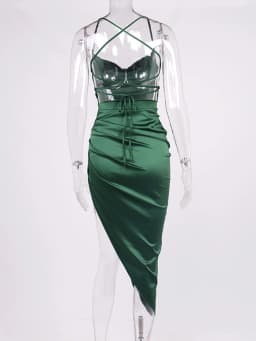 NewAsia Satin Dress Spaghetti Strap Tie up Cowl Neck Backless Split Slim Fit Asymmetrical Maxi Dress Sexy Dresses for Women 2021