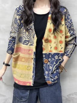 Amax luluE Korean Autumn Vintage Casual V-Neck Sweaters 2024 Womens Button Pockets Cardigans Ladies Flowers Loose Casual Clothes