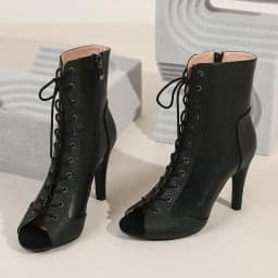 Women's 10CM Jazz Dance Heels Zipper Open-Toe Lace-Up Fashion Black Summer Sandals Sexy High Heel Indoor Dancing Shoes for Girls