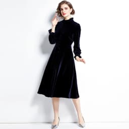 Autumn Winter Women Velvet Long Dress O-Link Collar Navy Blue Sequined Stars Ribbon Dress Flare Sleeve Elegant Party Midi Dress