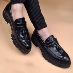 Korean style men casual business wedding formal dress genuine leather tassels shoes slip-on driving shoe black platform loafers