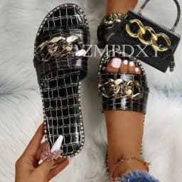 New Arrivals Designer Wholesale Summer Chain Women's Flat Slippers And Bag Set Beach Ladies Platform Sandals Matching Purse Set