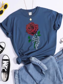 Skull And Bones The Lovers Red Rose Female Tshirts Street Hip Hop T-Shirts Cool Casual Tee Clothes Breathable Sweat Tshirt Women