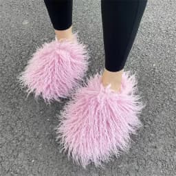 Pantuflas De Peluches Slip On Zapatillas Fluffy Plush Fuzzy Faux Mongolian Fur Slippers Goat Hair Fur Slides Slippers For Women