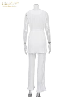 Clacive Summer Sexy Sleeveless Lace-up Shirt Two Piece Set Women Elegant High Wiast Pants Set Casual White Pleated Trouser Suits
