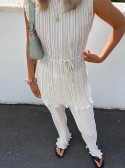 Clacive Summer Sexy Sleeveless Lace-up Shirt Two Piece Set Women Elegant High Wiast Pants Set Casual White Pleated Trouser Suits