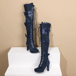 Flock Stitching PU Super Thick Heel Cute Bow Women's Over-The-Knee Boots Side Zipper Cross Lace Plush Inner Winter Warm Boots