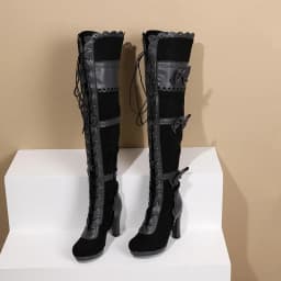 Flock Stitching PU Super Thick Heel Cute Bow Women's Over-The-Knee Boots Side Zipper Cross Lace Plush Inner Winter Warm Boots