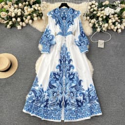 Women's Dress Palace Retro Printing Spring Autumn Winter Long Sleeve Elegant Dresses Single Breasted A-Line Shirts Vestidos Robe