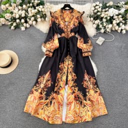 Women's Dress Palace Retro Printing Spring Autumn Winter Long Sleeve Elegant Dresses Single Breasted A-Line Shirts Vestidos Robe