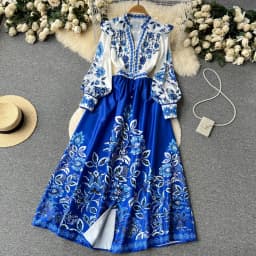 Women's Dress Palace Retro Printing Spring Autumn Winter Long Sleeve Elegant Dresses Single Breasted A-Line Shirts Vestidos Robe