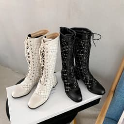 Plush Thick High-Heeled Cross-Lace Knight Boots Checkerboard Woven Tweed Lattice Imported Pattern Stitching PU Knee Boots