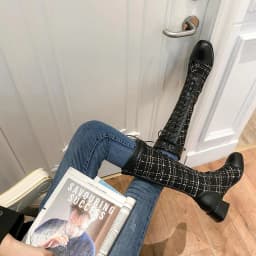 Plush Thick High-Heeled Cross-Lace Knight Boots Checkerboard Woven Tweed Lattice Imported Pattern Stitching PU Knee Boots