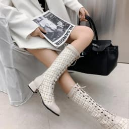 Plush Thick High-Heeled Cross-Lace Knight Boots Checkerboard Woven Tweed Lattice Imported Pattern Stitching PU Knee Boots