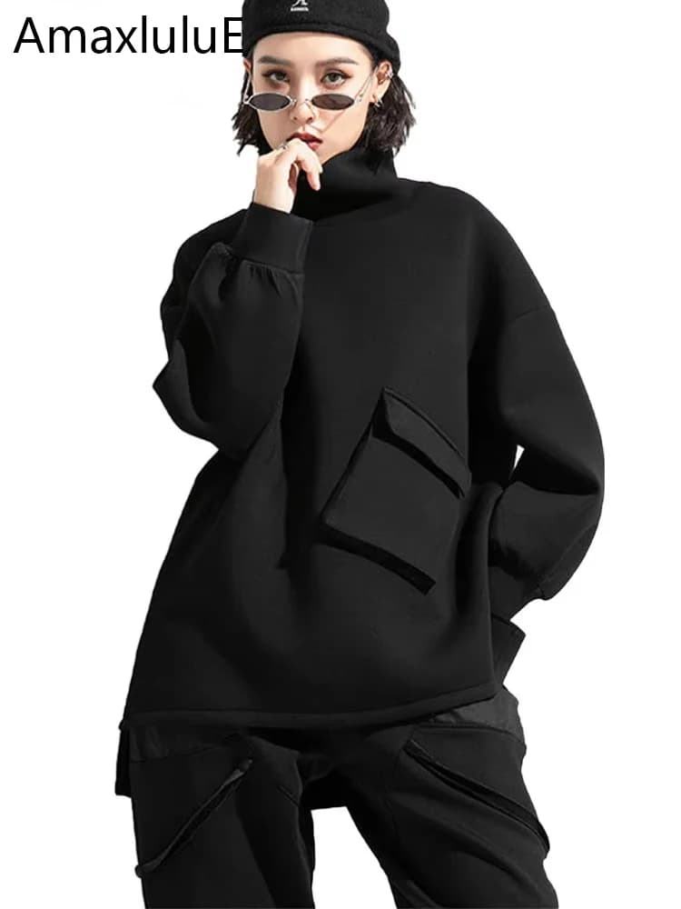 AmaxluluE 2025 Winter Korean Fashion Womens Trueleneck Clothes Ladies Punk Black Loose Hoodies Vintage Luxury Warm Sweatshirts