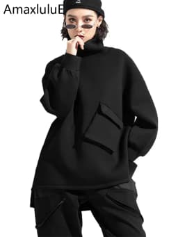 AmaxluluE 2025 Winter Korean Fashion Womens Trueleneck Clothes Ladies Punk Black Loose Hoodies Vintage Luxury Warm Sweatshirts