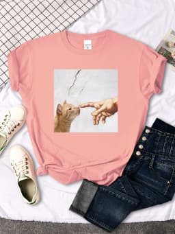 T Shirt Funny Cute Cat And Manpower Printed Womens T-Shirt Kawaii Fashion Woman Clothes Oversized Harajuku Tshirt For Women's