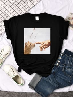 T Shirt Funny Cute Cat And Manpower Printed Womens T-Shirt Kawaii Fashion Woman Clothes Oversized Harajuku Tshirt For Women's