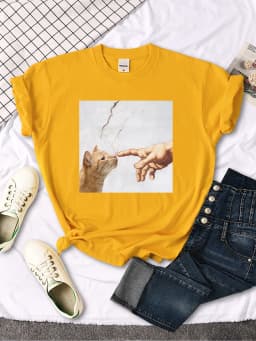 T Shirt Funny Cute Cat And Manpower Printed Womens T-Shirt Kawaii Fashion Woman Clothes Oversized Harajuku Tshirt For Women's