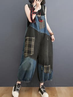 Amax luluE 2024 Korean Summer Design Women Plaid Ripped Denim Overalls Ladies Vintage Oversized Jeans Girl Punk Style Trousers