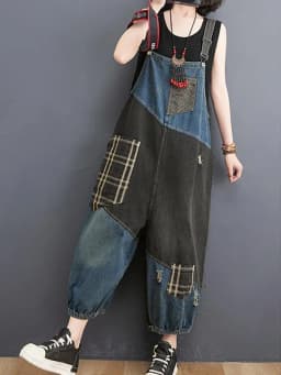 Amax luluE 2024 Korean Summer Design Women Plaid Ripped Denim Overalls Ladies Vintage Oversized Jeans Girl Punk Style Trousers
