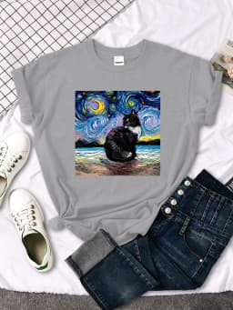Womens T Shirts Beautiful Starry Cats Printing T-Shirts For Woman Casual Korean Style Women Tshirt Vintage Crewneck Tee Shirts