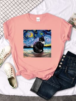 Womens T Shirts Beautiful Starry Cats Printing T-Shirts For Woman Casual Korean Style Women Tshirt Vintage Crewneck Tee Shirts