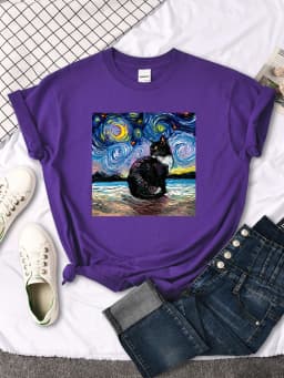 Womens T Shirts Beautiful Starry Cats Printing T-Shirts For Woman Casual Korean Style Women Tshirt Vintage Crewneck Tee Shirts