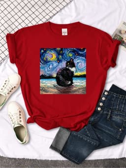 Womens T Shirts Beautiful Starry Cats Printing T-Shirts For Woman Casual Korean Style Women Tshirt Vintage Crewneck Tee Shirts