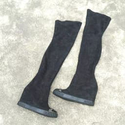 Black Suede Leather Metal Iron Toe Thigh Boots Height Increasing Inner Wedge Heel Woman Stretch Slip On Over Knee Boots