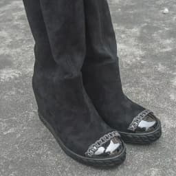 Black Suede Leather Metal Iron Toe Thigh Boots Height Increasing Inner Wedge Heel Woman Stretch Slip On Over Knee Boots