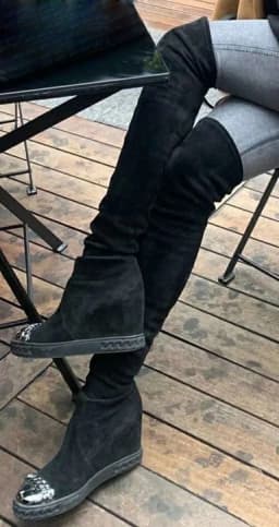 Black Suede Leather Metal Iron Toe Thigh Boots Height Increasing Inner Wedge Heel Woman Stretch Slip On Over Knee Boots