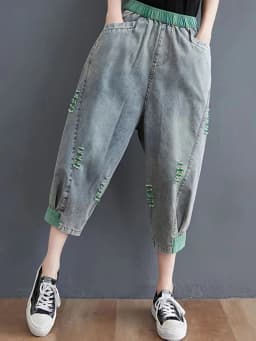 Amax luluE 2025 Summer Holes Design Womens Ripped Loose Harem Pants Ladies Contrast Color Elastic Jeans Females Denim Trousers