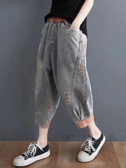 Amax luluE 2025 Summer Holes Design Womens Ripped Loose Harem Pants Ladies Contrast Color Elastic Jeans Females Denim Trousers