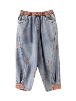 Amax luluE 2025 Summer Holes Design Womens Ripped Loose Harem Pants Ladies Contrast Color Elastic Jeans Females Denim Trousers
