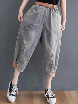 Amax luluE 2025 Summer Holes Design Womens Ripped Loose Harem Pants Ladies Contrast Color Elastic Jeans Females Denim Trousers