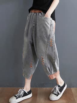 Amax luluE 2025 Summer Holes Design Womens Ripped Loose Harem Pants Ladies Contrast Color Elastic Jeans Females Denim Trousers