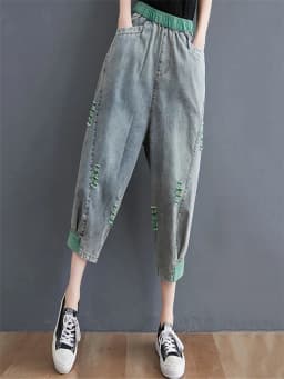 Amax luluE 2025 Summer Holes Design Womens Ripped Loose Harem Pants Ladies Contrast Color Elastic Jeans Females Denim Trousers