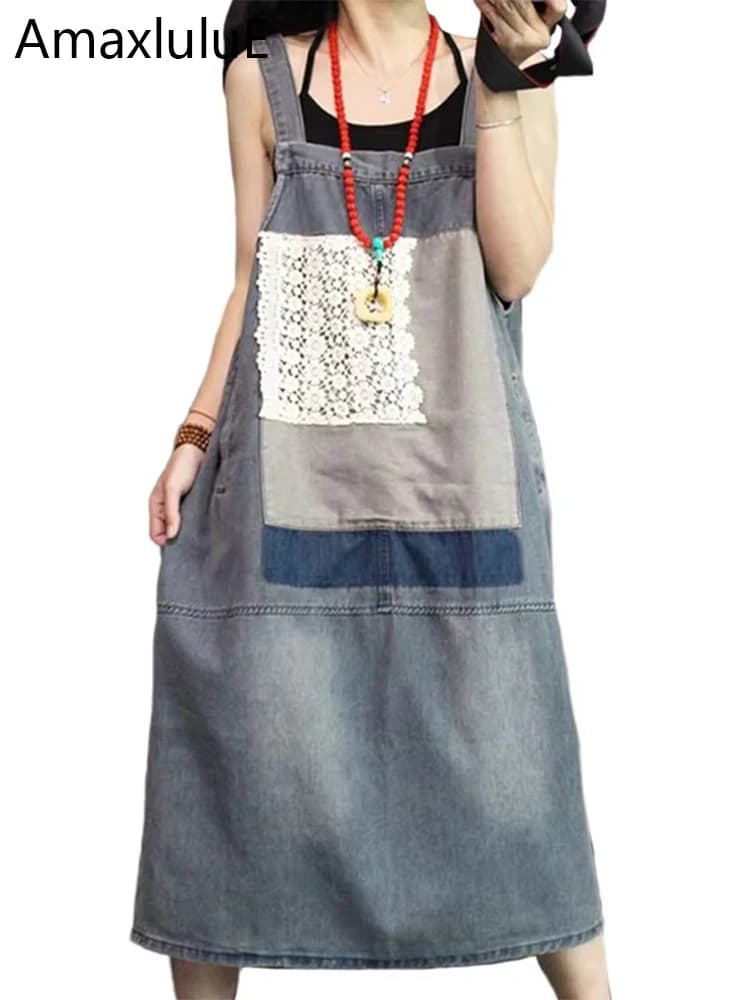 Amax LuluE Korean Summer Fashion Dresses Womens Patchwork Denim Cestidos Ladies Luxury Lace Blue Vintage Casual Elegant Clothes