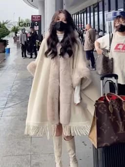Big Faux Fur Collar Cloak Women Party Overcoat Long Autumn Knitted Shawl Cape Pink Tassel Loose Coat With Hat