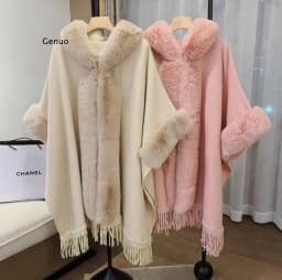 Big Faux Fur Collar Cloak Women Party Overcoat Long Autumn Knitted Shawl Cape Pink Tassel Loose Coat With Hat