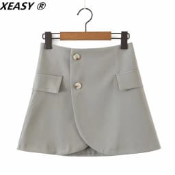 XEASY 2021 Women Fashion Set Vintage Single Button Short Blazer Female High Waist Asymmetrical A-Line Skirt England Style Suit