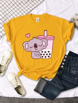 Koala Like Drink Milk Tea Cute Print T-Shirt Womans Kawaii Cartoon Graphic Clothes Womens Oversize Harajuku Funny Girls Tshirts